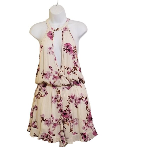 American Eagle Floral Romper M Ivory Purple Sleeveless Boho 1 Piece Playsuit NEW - Picture 2 of 7